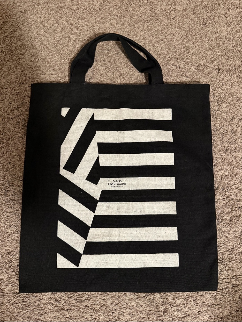 Mads Norgaard Black Canvas Tote Bag with White Graphic